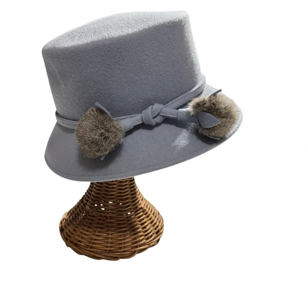 Betmar New York Gray Wool Hat with Faux Fur Pom Accents – Wide Brim Cloche - Picture 6 of 11